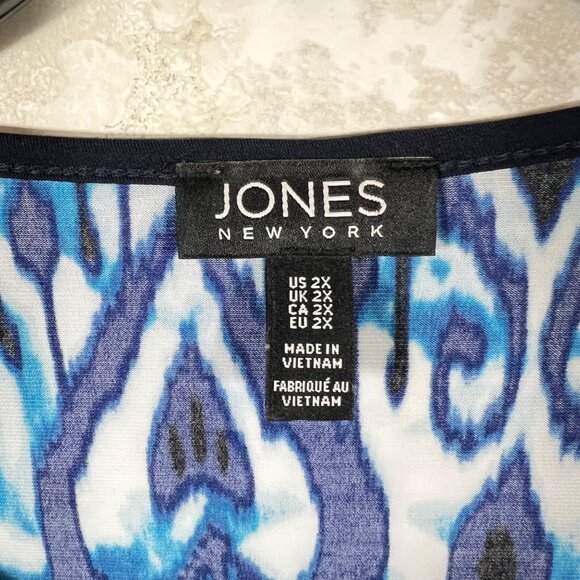 Jones New York Womens 2X Blue & White Printed Tunic Top With Tassel Tie Neckline - Picture 9 of 16